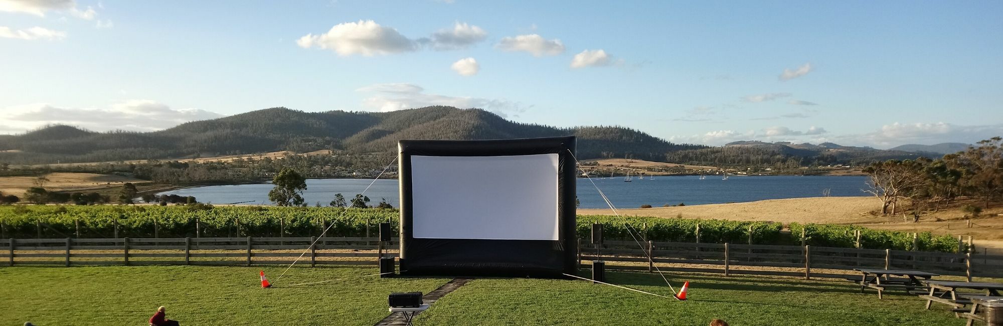 Tassie Open Air Cinemas 5M Outdoor Inflatable Screen at Bangor Vineyard Shed